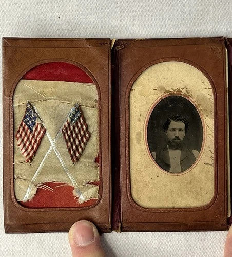 Civil War Period Leather Photo Wallet, id'd Tintype CDV & Patriotic Silk Ribbon