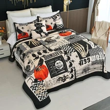 Halloween Quilt Set King Size,Black Orange Reversible Quilt Bedding Set 4PCS,...