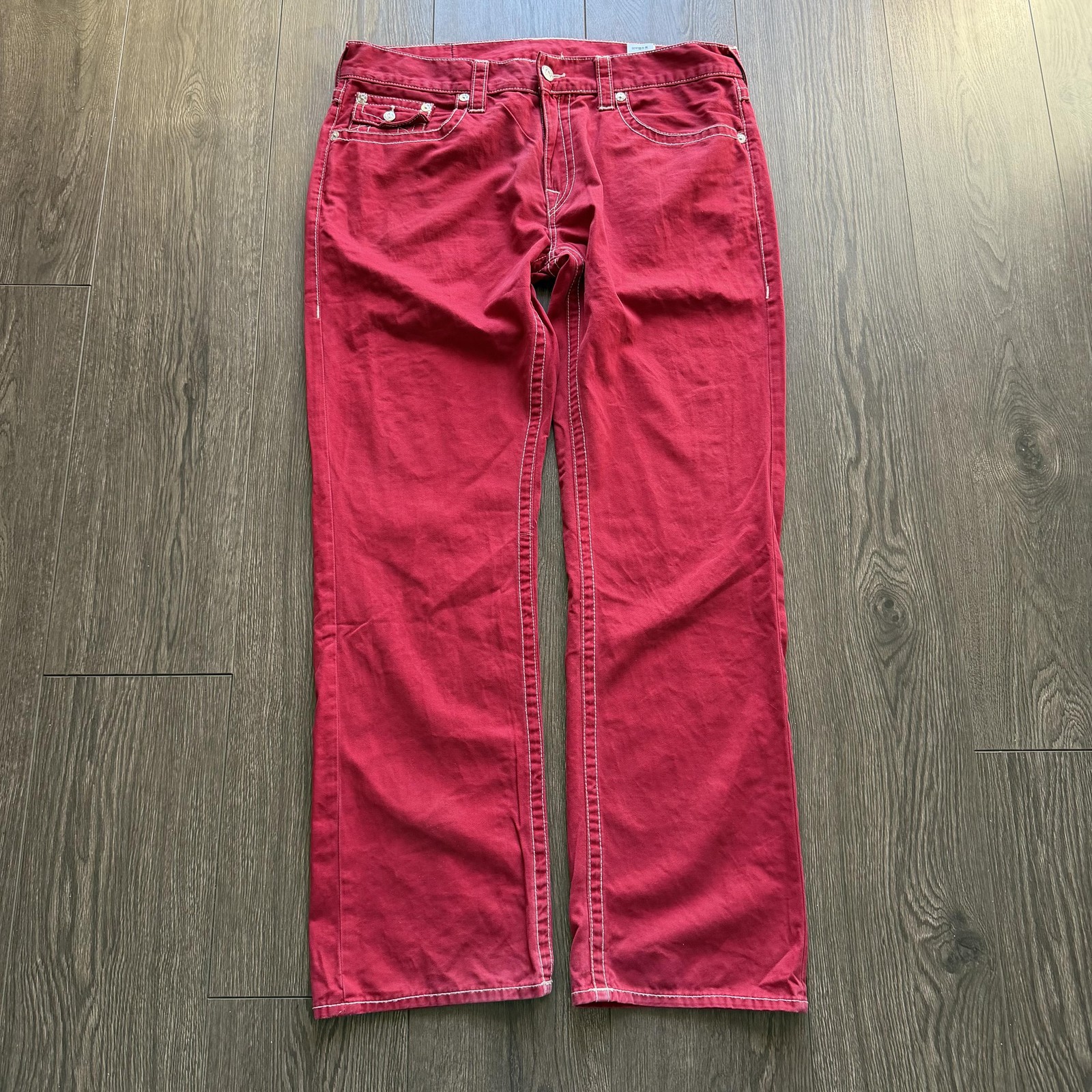 Y2K True Religion Jeans Mens 38x32 Red Straight Leg Flap Pocket Denim Pants thumbnail 6