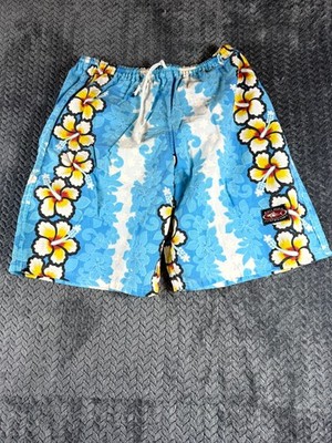 Bali Moris Surfboards Shorts Boys 26 Blue White Hawaiian Hibiscus Drawstring