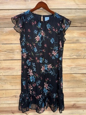 CeCe Women's M Black Floral Chiffon Ruffle Short Sleeve Knee Length Dress