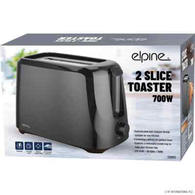 700W Elpine Schwarz 2 Scheiben Brot Toaster 6 Ebenen Bräunungssteuerung mit Krümelschublade
