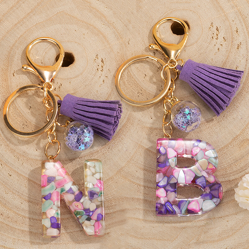 Resin A-Z Alphabet Key Ring Holder Sequin Tassel Keychain Handbag
