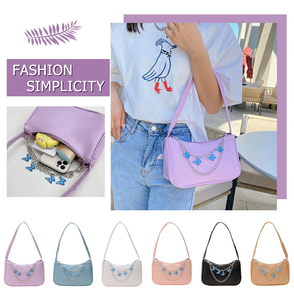 Vintage Women Butterfly Chain PU Small Shoulder Bag Solid Color Underarm Bags