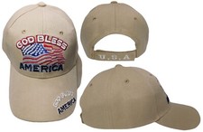 God Bless America USA Wavy Flag Khaki Beige Adjustable Embroidered Hat Cap