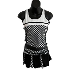 Womens Two Piece Set Swimsuit Tankini Skirt Swim Bikini XS Black White Plaid