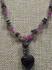 Art Glass 20  Necklace Stone Heart Pendant w Pink Glass Beads - Silver Tone