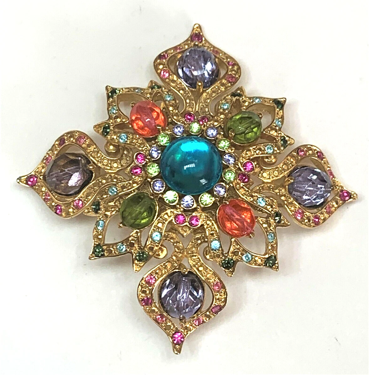 Joan Rivers Gold Tone Jeweled Cabochon Maltese Cross Statement Brooch Pin
