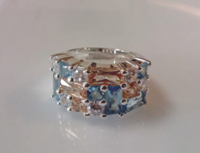 Sterling Silver Geometric Clear/Blue/Champayne Cubic Zirconia Statement Ring  