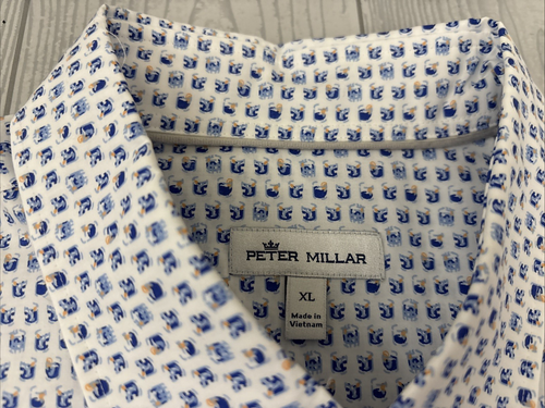 Peter Millar Men's XL Bar booze Drink all over s/s cotton golf button shirt EUC - Picture 3 of 9
