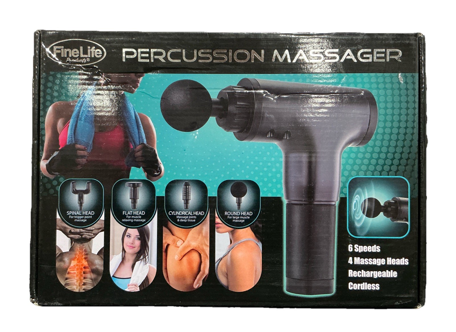 FineLife Products Percussion Massager 6 Speeds 4 Heads Cordless Massage Gun