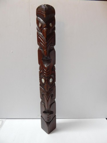 XLARGE VINTAGE CARVED WOODEN POLYNESIAN / MAORI TIKI  + ABALONE SHELL