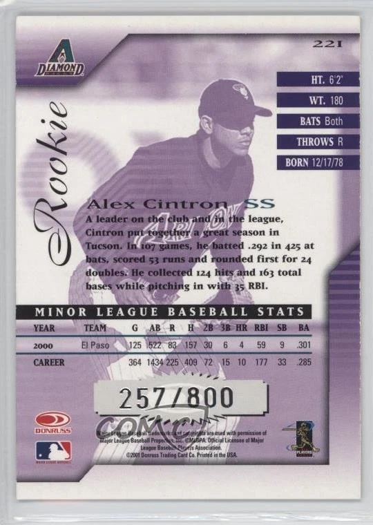 2001 Donruss Signature Series Rookie /800 Alex Cintron #221 - Image 2 of 2
