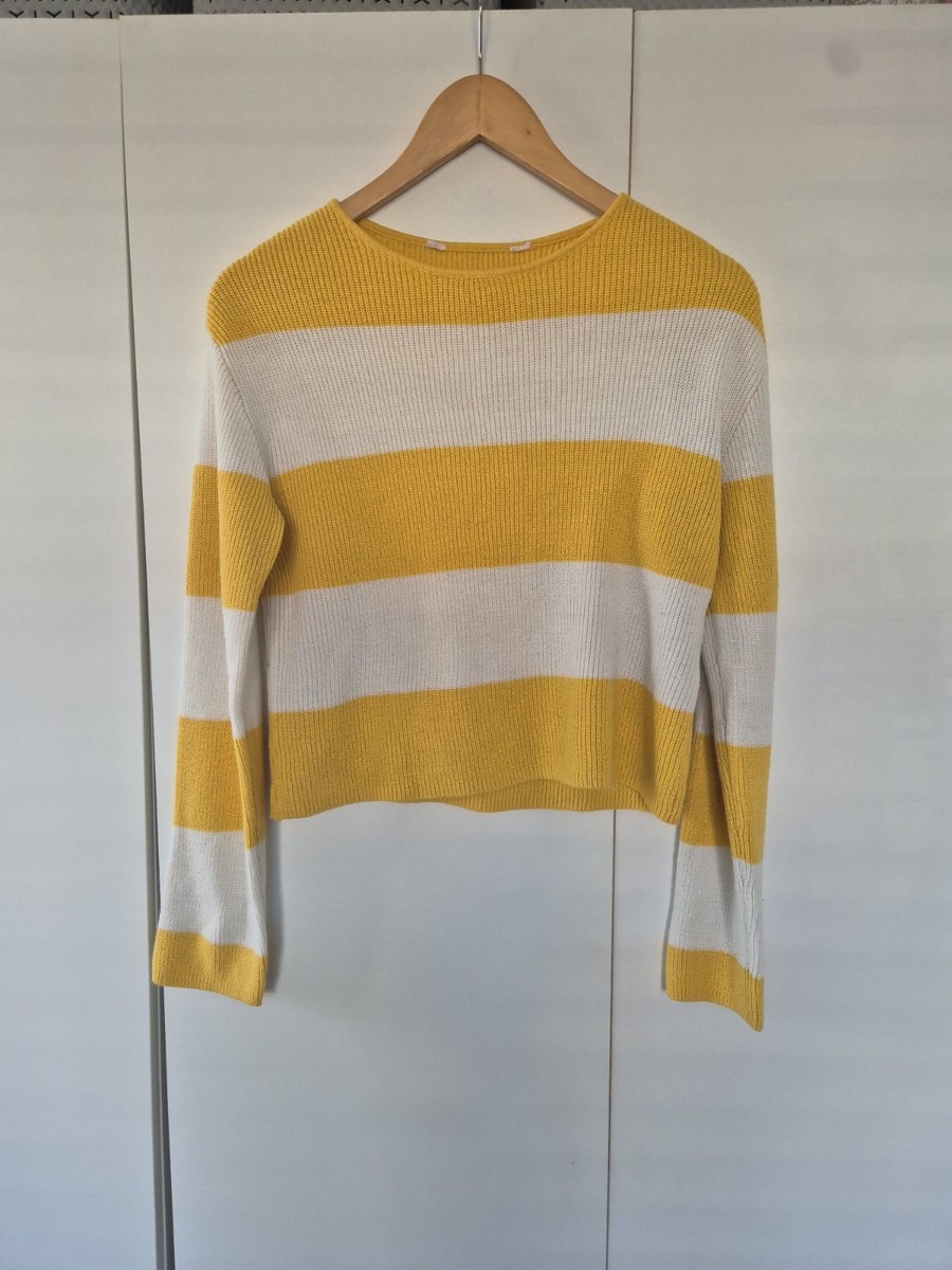 H&M Women's Yellow White Striped Knit Sweater Long Sleeve Jumper