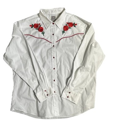 ELY Country Charmers Shirt Womens Medium White Rodeo Rose Western Embroidered