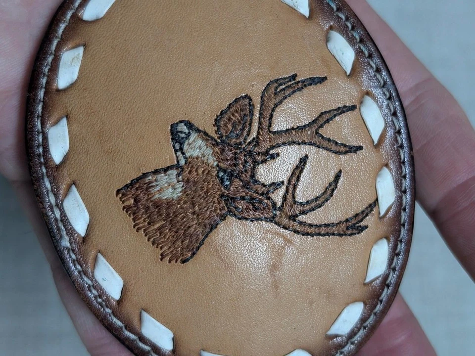 Hebilla de cinturón de ciervo vintage cuero cosido occidental hecho a mano BIG BUCK marrón Foto 2 de 4