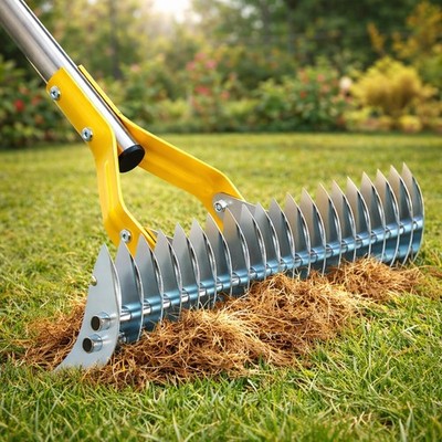 Manual Thatch Rake Lawns DualAction Dethatcher 15'' Head 70'' Long Handle