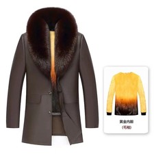 Winter Men's Leather Business Jacket Mid Long Suit Collar Mink Fur Lining Coat 