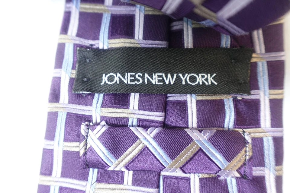 Corbata de seda Jones New York púrpura azul patrón a cuadros 100 % importada Foto 2 de 4