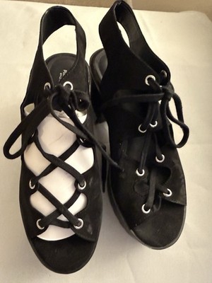 Pull&Bear Women s Black Faux Leather Lace Up Platform Sandals Ankle Strap 8