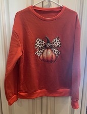 Womans Orange Halloween Sweatshirt with Pumpkin With Leopard Bow NWOT Sz Xl