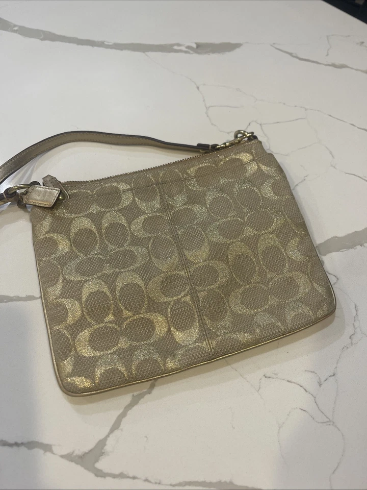 Bolso de mano Coach dorado irredescente bandolera de lona y cuero Foto 2 de 4