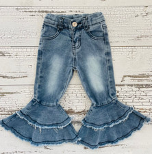 Pantalones de mezclilla con doble volante lavado ligero para niñas