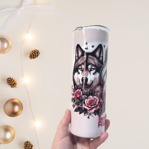Positive affirmation 20oz Stainless steel tumbler girl with wolves roses tattoos - Video 1 of 1