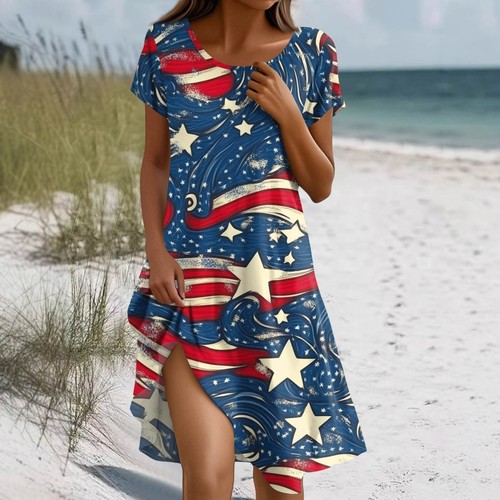Rundhalsausschnitt Kleidung Für Frauen Polyester Prints Kleider Mit Kurzen Armen - Bild 19 von 36
