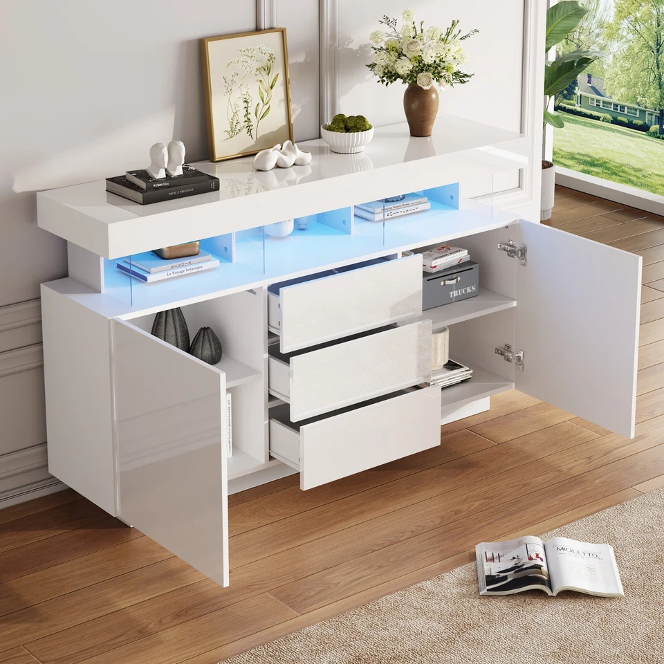 Hochglanz Moderner Sideboard Kommode TV Schrank mit LED Beleuchtung Weiß - Bild 4 von 4