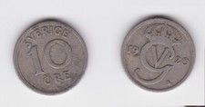 10 &Ouml;re Silber M&uuml;nze Schweden 1920 (161218)