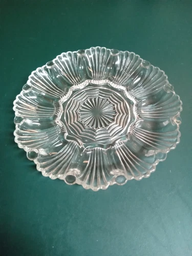 Anchor Hocking Clear Glass 10" Deviled Egg Plate Ribbed Vintage