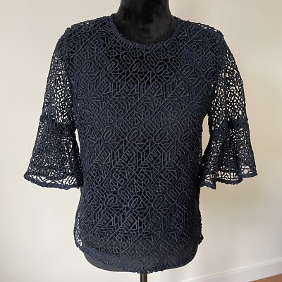 Prose & Poetry Navy Blue Geometric Lace Overlay Flutter Sleeve Blouse EUC Size M