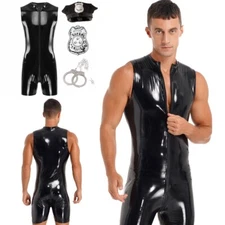 Mens Cosplay Costume Role Play Policeman Masquerade Police Officer PU Leather