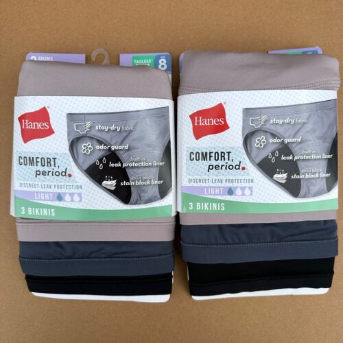Lot Hanes Comfort Period Light Discreet Leak Protection Bikini Underwear Size 8