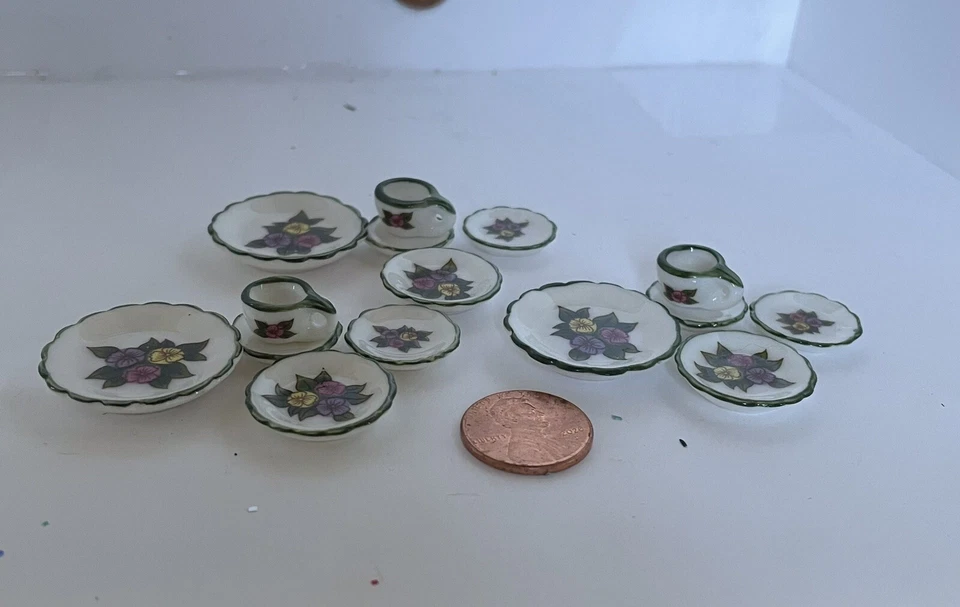 Dollhouse Miniature Concord Vintage Kitchenware Dishes, 15 Piece Set Pansy Motif - Image 2 of 4
