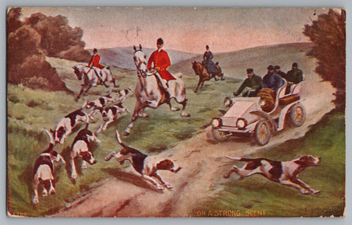 Postcard c1909 On a strong scent, Antique Car Dogs Horses Men Women Hunting - 第 1/2 張圖片