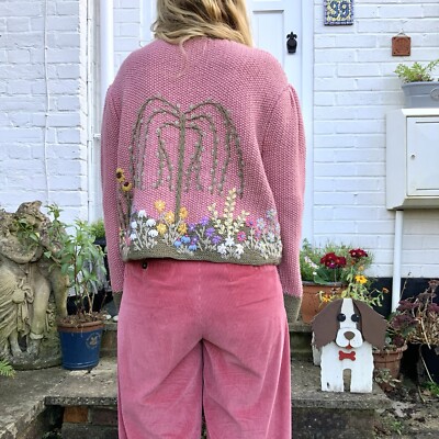 Vintage bestickte Strickjacke M rosa Prärie Wolle handgestrickt Handarbeit