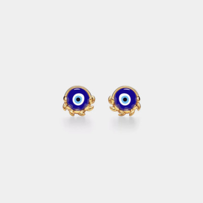 Olive Leaf Blue Nazar Evil Eye Stud Earrings in 925 Sterling Silver