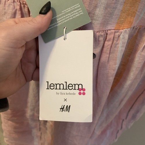 Lemlem By Liya Kebede & H&M 100% Linen Dress Pink Striped Lace Up Medium Boho - Picture 11 of 12