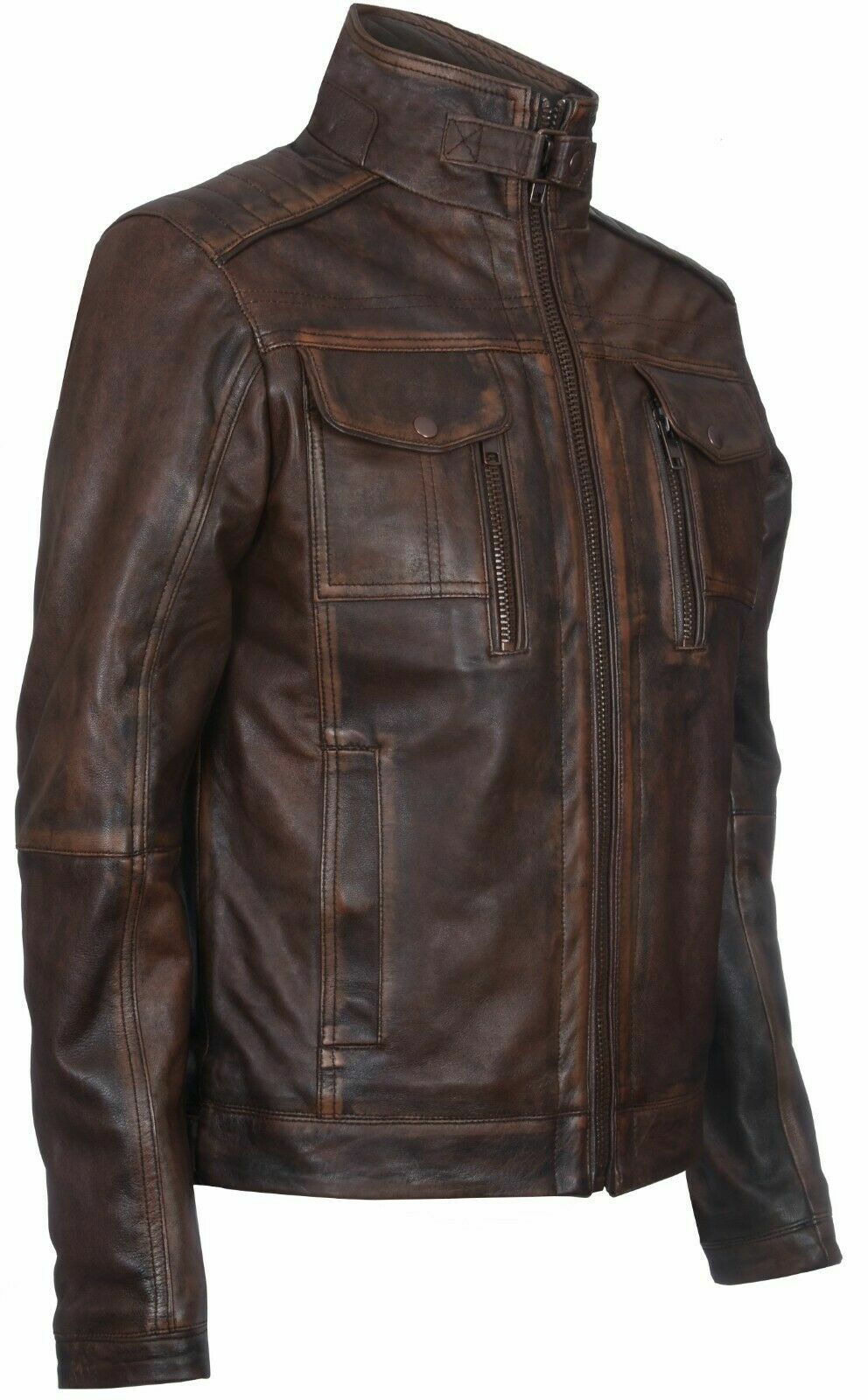 Men's Vintage Brown 100% Leather Retro Biker Jacket Distressed Motorcycle