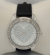 Ladies Elegant Round Silver Tone Heart on Dail Black Leather Strap Watch L4