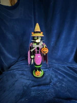 HomeGoods Halloween Nutcracker Black Witch Cat with Pumpkins and Purple Cape