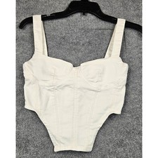 Zara Denim Corset Top Off White Ecru Bustier Zip Back Sweetheart Neck XS