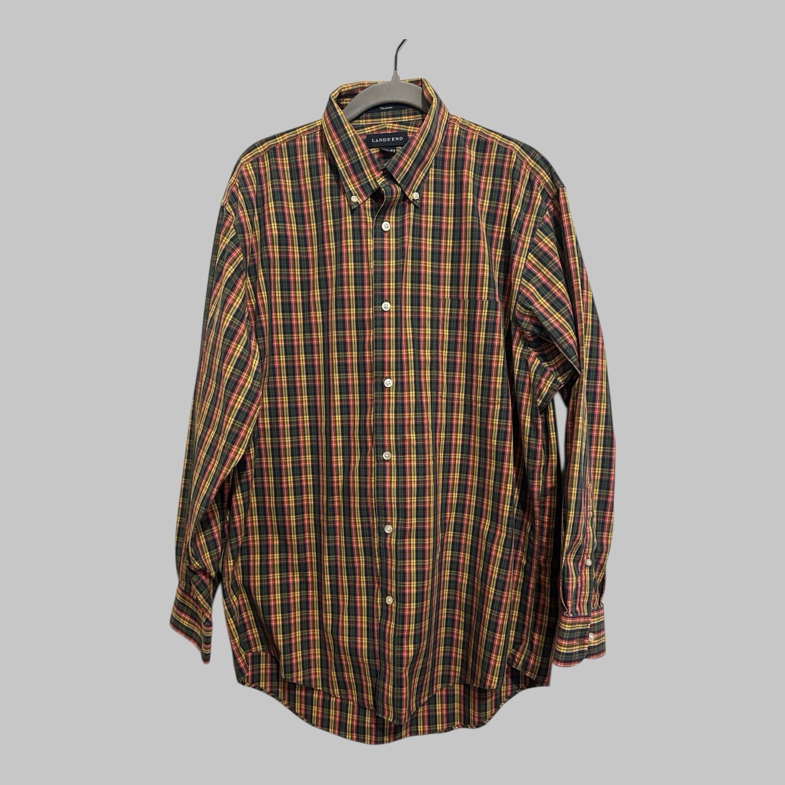 Lands End Mens No Iron 16 1/2 - 33 Plaid Long Sleeve Button Up Shirt Preppy L