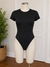 MangoPop Black Bodysuit Women's XL Short Sleeve Crew Neck Stretch Basic Top NWT