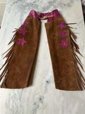 Cowgirl/cowboy Western Leather Chaps Chap-Parel Tan Pink Stars Fringe Never Worn