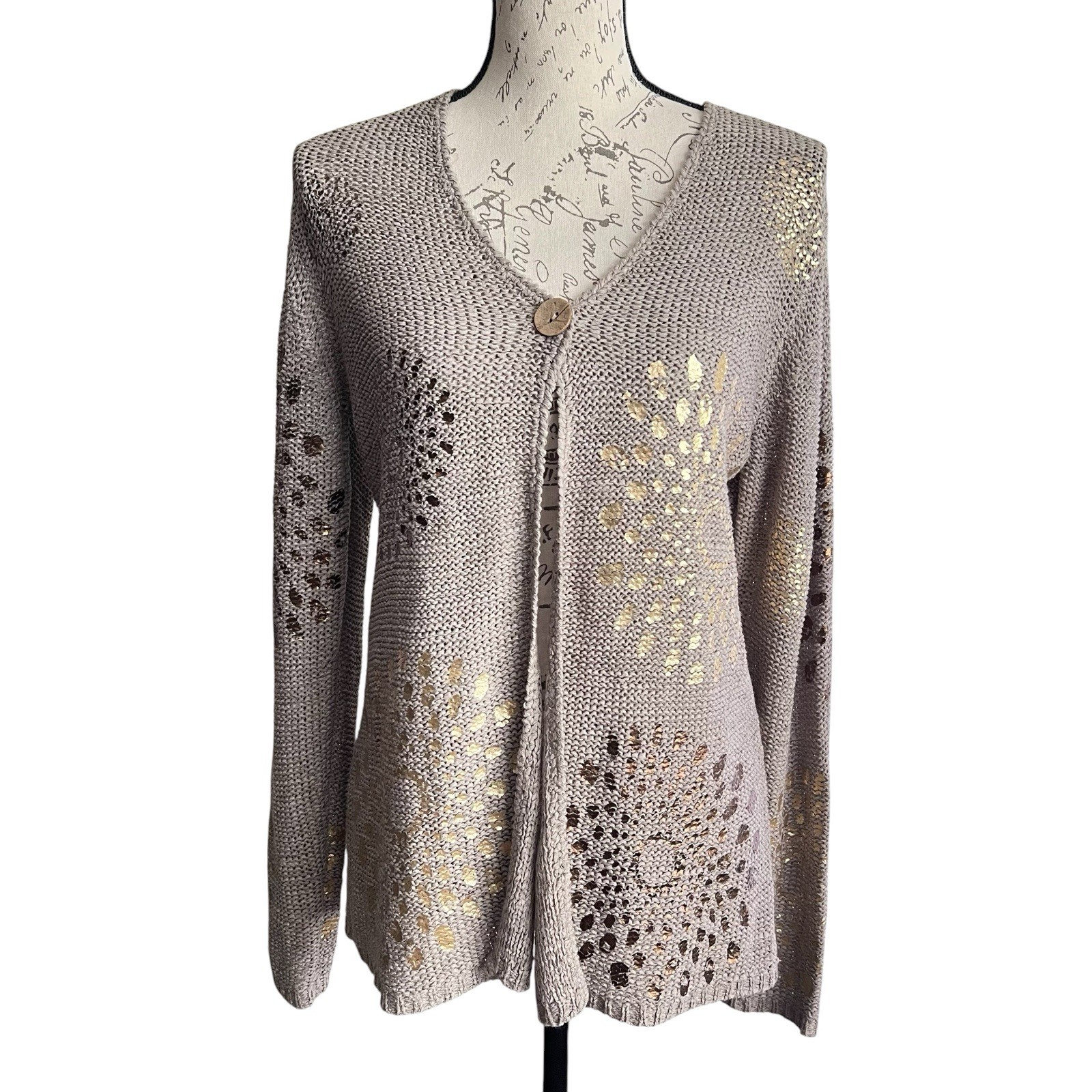 Chico’s Golden Splash Cardigan 2 (12/14-L) Taupe Metallic Boho Festival Hippie