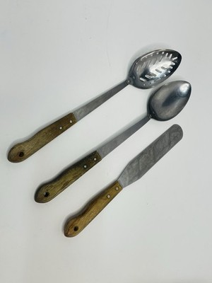 Vintage Imperial Stainless Steel Cooking Utensils Wooden Handle Spoons Spreader