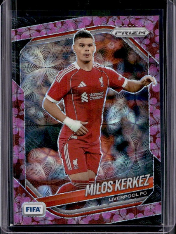 2025-26 Panini Prizm FIFA Milos Kerkez Choice Plum Blossom Prizm #/8 Liverpool